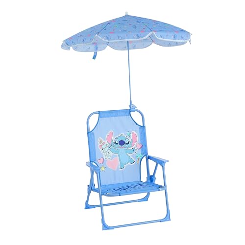 Disney Stitch Kids Beach Chair with Umbrella Foldable Portable Toddler Chair with Armrests Locking Mechanism & Sun Shade