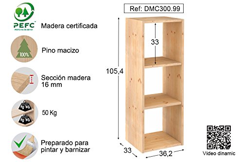 Estantería modular de pino macizo con acabado natural personalizable de 3 cubos Dinamic 4