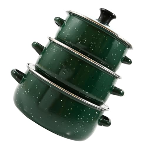 CLISPEED Lot de 3 Casseroles Émaillées Miniatures Vertes, Marmites à Double Poignée et Fond Plat, Compatibles Cuisinières à Gaz et Induction, pour Soupe, Pâtes et Nouilles, la Cuisine