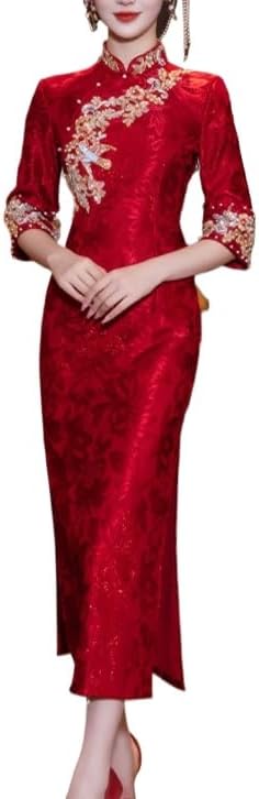 HEARTTOUCH Chinese Traditional Cheongsam Embroidery Sequins Qipao Slim Fit Long Bodycon Dress for Weddding Party Cocktail