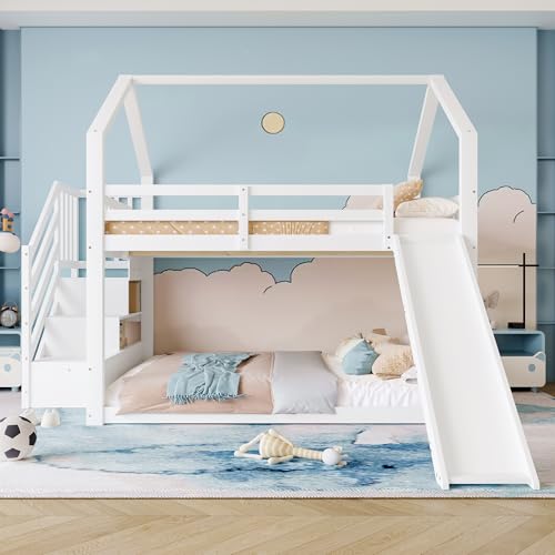 Soweiz Kinderbett mit Geländer,140x200cm Etagenbett mit Stauraumtreppe und Rutsche, Hausbett, geeignet für Kinder, Jugendliche, Weiß
