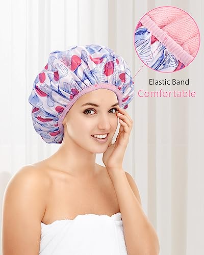 Auban Shower Cap, Shower Cap for Women Terry Cloth Lined EVA Exterior Reusable Double Layer Waterproof, Large Bath Hair Cap, Hotel Travel Essentials Accessories Cleaning Supplies (Flower)