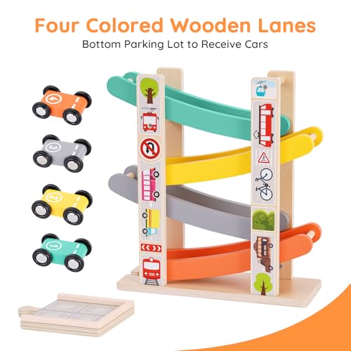 Wooden Car Tracks for Toddlers 1-3, Race Cars Ramp Track with 4 Mini Cars :D91110CG - image 4