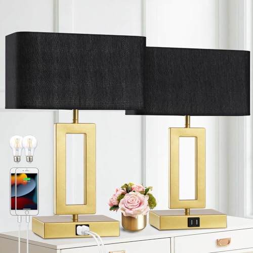 gernehop Black Table Lamps Set of 2 with Dual USB Ports,3-Way Dimmable Touch Control Bedside Lamps,Modern Bedroom Table Lamp for Living Room,Nightstand LED Bulbs Included