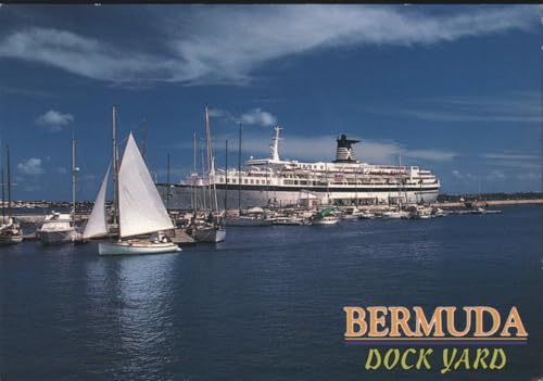 Bermuda Dock Yard Cruise Ship and Sailboats, Original Vintage Postcard