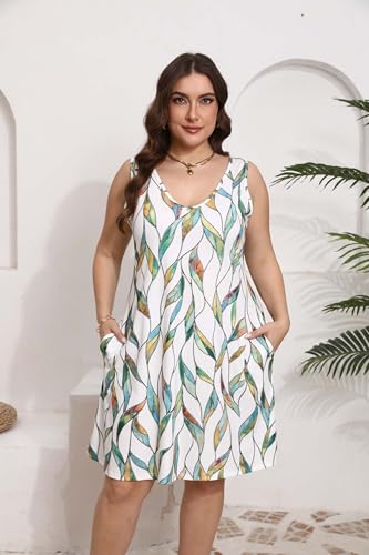 Image of Women Plus Size V Neck Sleeveless Floral Print Pocket T Shirt Dresses Casual Midi Tank Dress Beach Cover up Sundress (XL-5X)