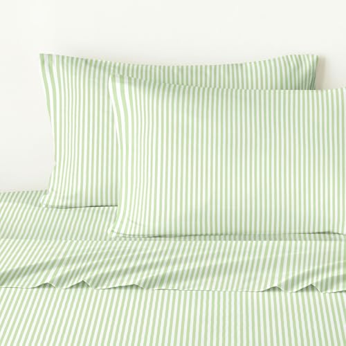 Image of Wake In Cloud - Striped Bed Sheets, 4-Piece Sheet Set, Ticking Vertical Pin Stripe Modern Farmhouse Pattern Printed Bedding, Deep Pocket, Sage Green White, Twin Size