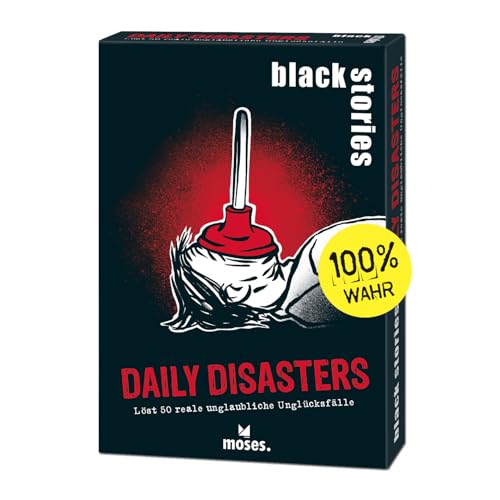 moses. Black Stories Daily Disasters - 50 énigmes sur Les malheurs réels - Jeu de Cartes avec Variante de Jeu et jetons de Points - Jeu de Puzzle pour Adolescents et Adultes