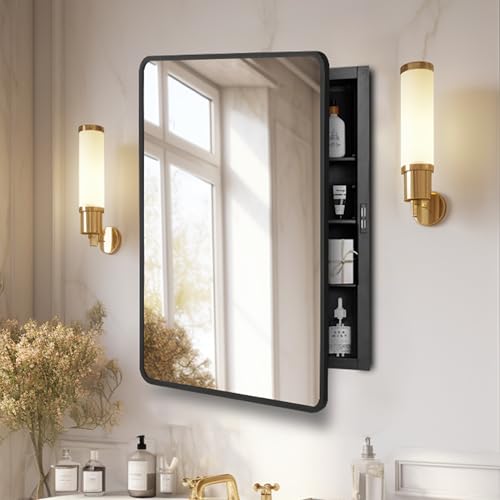 Image of 16x24 Medicine Cabinet with Mirror, Black Metal, Recessed or Surface Mount