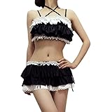Nuoqi Japan Sweet Girls Soft Flounced Bikini Sexy Black Swimwear Set Spa Swimsuit