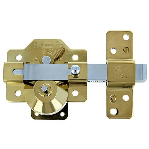 Amig - Cerrojo de Sobreponer de Acero para Puertas con Pestillo de Apertura y Palanca de Bloqueo - 90 x 154 mm, Cilindro 50 mm - Color Dorado - Alta Seguridad Antibumping · Antiganzúa · Antitaladro