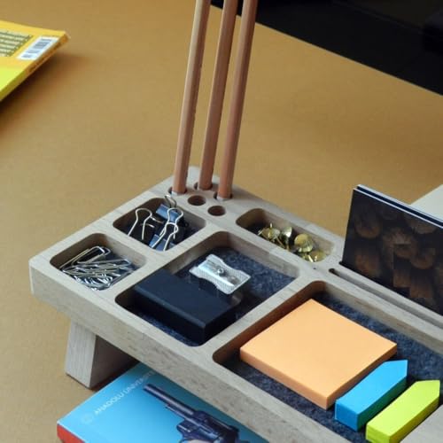 Image of Wooden Desk Organizer with Phone Stand, Multi-Compartment Stationery Holder, Natural Wood Finish (STYLE-1)
