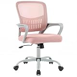 DUMOS Home Office Computer Chair - Ergonomic Mid Back Desk with Lumbar Support and Rocking Mode, Height Adjustable with Fixed Armrest, for Conference Meeting Room, 360° Swivel, Adults, Pink