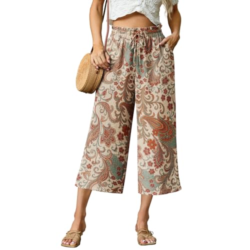 FREEOAK Capri Pants for Women High Waisted Wide Leg Casual