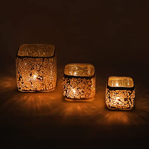 3 Pcs Handmade Glass Mosaic Candle Holder, Stained Glass Tealight Votive Holder (Gold) #TOP4