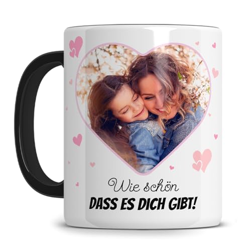 Personalisierte Tasse mit Foto und Text - Fototasse - Muttertagstasse - tasse für mama - foto geschenk oma - Keramik - 330ml - weiß glanz, Henkel und Innenleben schwarz.