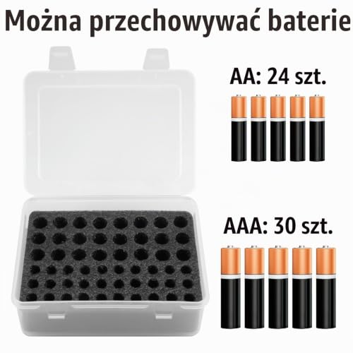 Organizer na baterie, wodoodporne pudełko do przechowywania 54 baterii AA i AAA, bezpieczne przechowywanie, plastikowe pudełko na baterie do przechowywania, przezroczysta przenośna obudowa baterii
