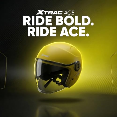 Image of Xtrac Ace ISI Certified Open Face Helmet for Men & Women | Half Face Bike Helmet with Scratch-Resistant Clear Visor | Lightweight ABS Shell | Quick Release Buckle | Yellow - L