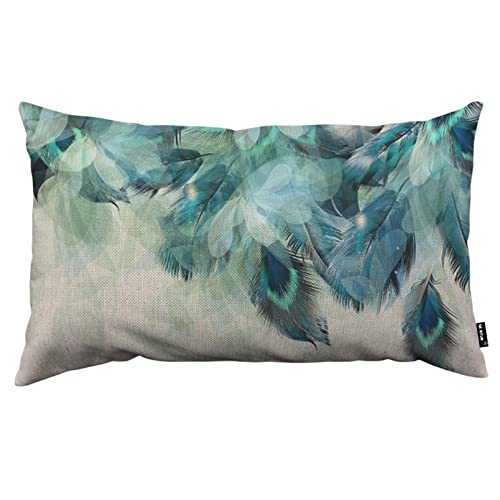 TKS MITLAN Peacock Feather Throw Pillow Case Cushion Cover Watercolor Gradient Blue Soft Halo Beautiful Colors Green Leaves Linen Couch Bed Sofa Car Waist Cushion Cover 12 x 20 inch