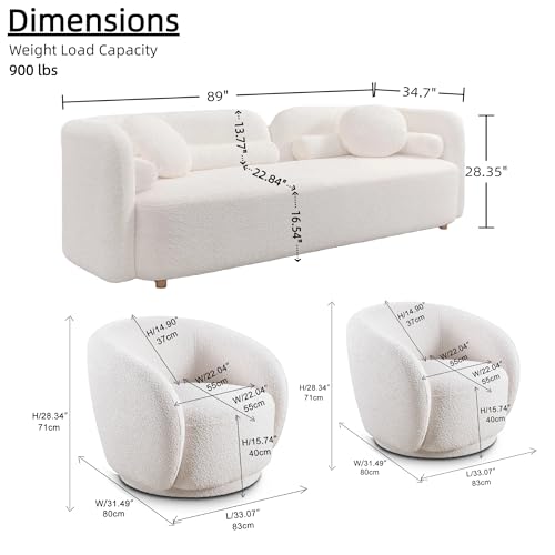 Image of Curved Sofa Set for Living Room, 3-Seater Upholstered Boucle Fabric Modern Sofa Set of 3 Piece Couch Set Minimalist Sofa with Swivel Accent Chairs Modern Sofa Set Home Bedroom Office (White)