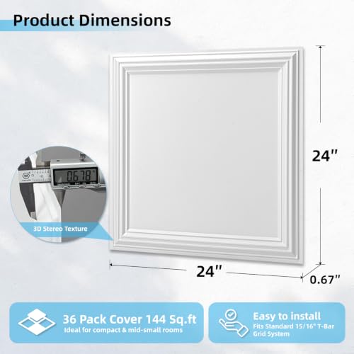 Image of Art3d 36-Pack PVC Waterproof Drop Ceiling Tiles, 24 x 24 inch, Square White