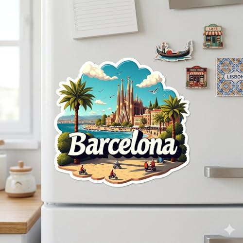 Image of Naxon Barcelona Theme Souvenir Wooden Fridge Magnet | Sagrada Familia, Beach & City Landmark Design 3x3 Inch Refrigerator Magnet for Kitchen & Home Decor | Travel Gift from Barcelona | Pack of 1