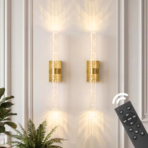 Image of Battery Operated Wall Sconces Set of 2, 20000mAh Rechargeable Wall Light | Remote Control,3000K-6000K Dimmable LED Wireless Sconces,Gold,20.9 Inch
