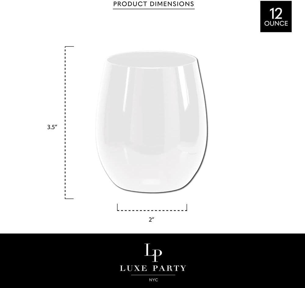 LUXE PARTY 36 Stemless Wine Glass, 12oz White Plastic Disposable Cups for Parties, Tumblers