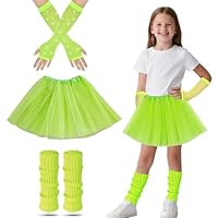 Neon Tutu and Leg Warmers Kids, 80s Fancy Dress for Kids With Green Leg Warmers Tutu Skirt Neon Fishnet Gloves 80s Fancy Dress 1980s Theme Party Costume Accessories Set for Girls (Green)