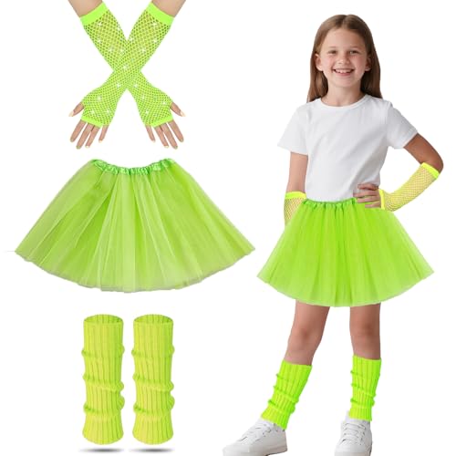 Déguisement Année 80 Enfant, 80s Robe Fantaisie Pour Enfants Avec des Chauffeurs de Jambes Vert Jupe Gants de Filet de Poisson Néon Robe Fantaisie Accessoires de Costume Fête À Thème Set Filles (Vert)