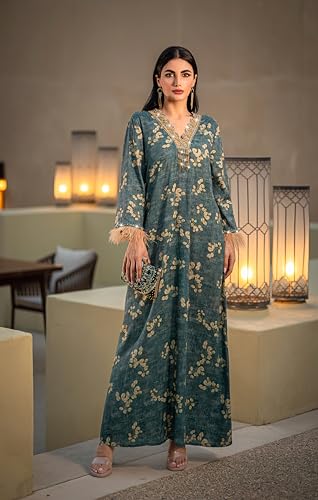 Elegant 1PC Abayas Dress for Women, Long Sleeve Floral V-Neck Feather Cuffs Muslim Dresses for Women Ideal for Casual wear2