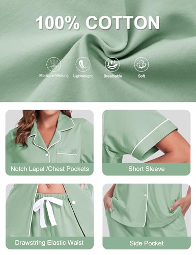 Image of COLORFULLEAF Women's 100% Cotton Pajamas Set Button Down Sleepwear Short Sleeve Shirt and Long Pants Soft Ladies Lounge Sets