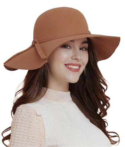 ASSQI Women’s Wool Felt Floppy Hat Fedora Wide Brim Cloche Vintage Bowler Hat Foldable Coffee