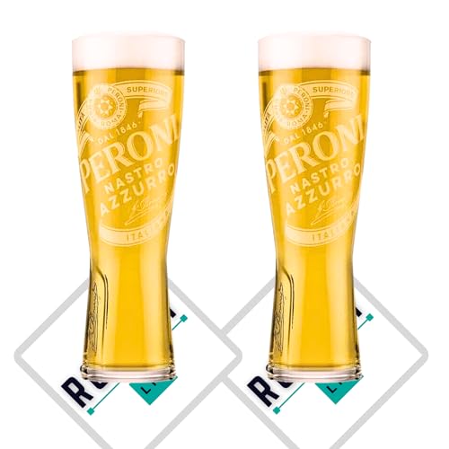 Roxley Peroni X2 Bicchiere da mezza pinta | Bicchieri Peroni da 28 cl | Viene fornito con 2 tappetini da birra di marca