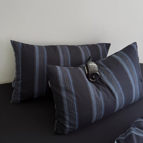 Image of Navy Blue Striped Puffy Textured Duvet Cover Set,Twin XL Size | Boys Minimalist Modern Vertical Stripes Bedding Set for Contemporary Bedroom