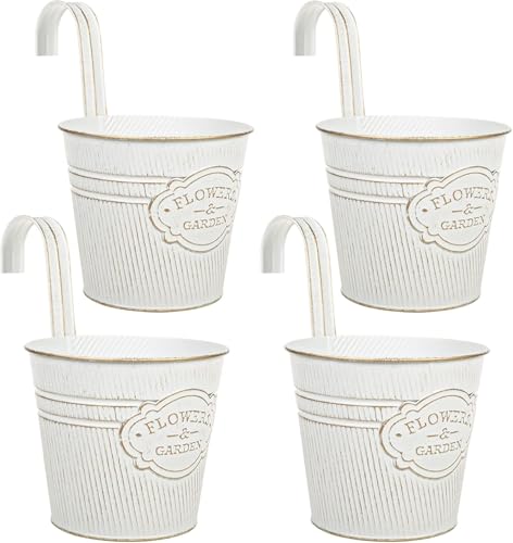 Macetas colgantes, paquete de 4 macetas de metal vintage para montar en la pared, maceta de estilo rústico, soporte para plantas con gancho extraíble y agujero de drenaje para valla de barandilla (4