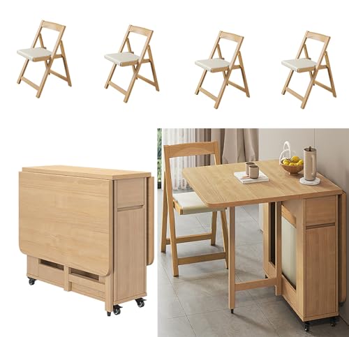 SHANRROW Mesa plegable y sillas, mesa de comedor extensible de madera, con 4 sillas tapizadas, la longitud puede cambiar libremente, tres modos de apertura, para comedores, balcones y espacios