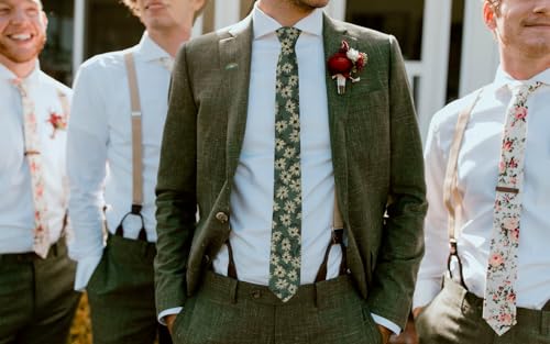 Image of Mantieqingway Men's Skinny Tie, Cotton Floral Ties for Men Wedding Necktie for Groom, Groomsmen, Missions, Dances