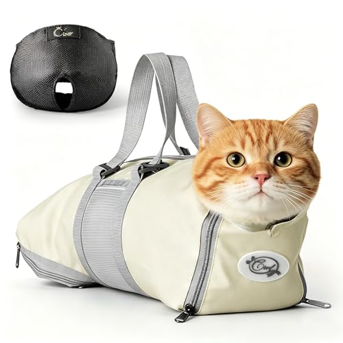 Image of Cinf Cat Nail Clipping Cleaning Grooming Restraint Bag （Free Muzzle） No Scratching Biting for Bathing Nail Trimming Injecting Examining((Beige Gray,M)