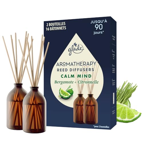 Glade Aromatherapy Bâtonnets - Diffuseur De Parfum Infusées Aux Huiles Essentielles - Calm Mind, Bergamote & Citronelle - 2 Diffuseurs de 80ml