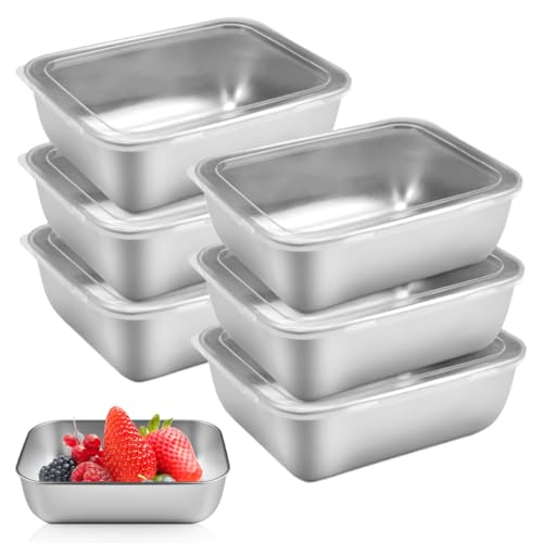 6 Pièces Boite Alimentaire Inox avec Couvercle, 13.5x10.5x4.5 cm Boîtes de Conservation Alimentaire en Acier Inoxydable, Boite Rangement Inox Empilables,...