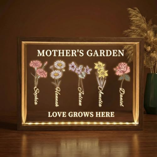 Personalized Moms Garden Gift - Custom Birth Month Flower LED Light Wooden Frame Personalized Birth Month Flower Acrylic Night Light Custom Mama Garden Mothers Day Gifts for Mom Grandma Wife