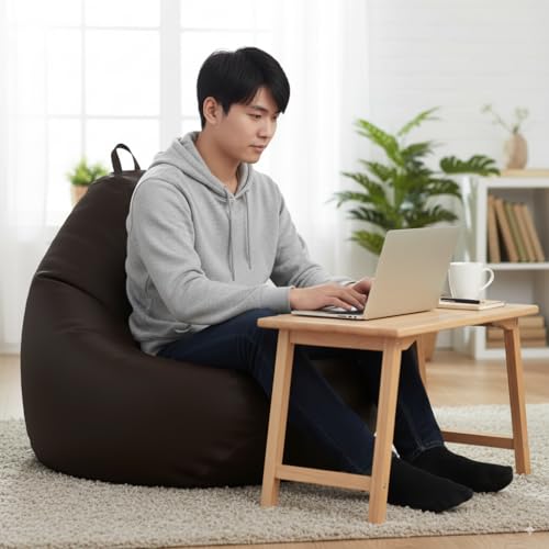 Image of 5XL Premium Leatherette Bean Bag with Rectangular Footrest & Cushion | High Density EPS Beans Filled | Teardrop Shape with Handle | 6 Months Warranty (Brown, 5XL Single, Solid)
