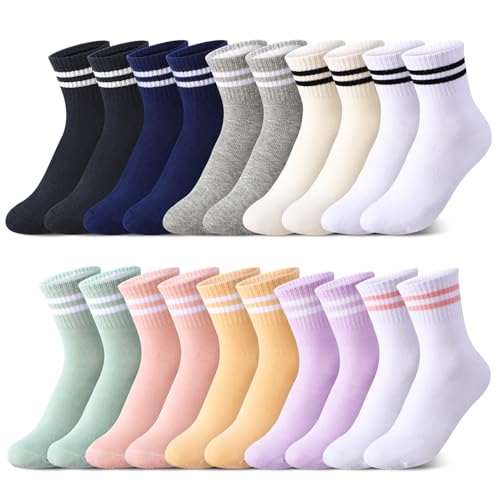 Zuimei 10 Pairs Striped Crew Socks, Ladies Sports Sock 5-7.5 Cozy Soft Ankle Cotton Sock Women Striped Mid-Calf Athletic Socks for Work School Casual Walking