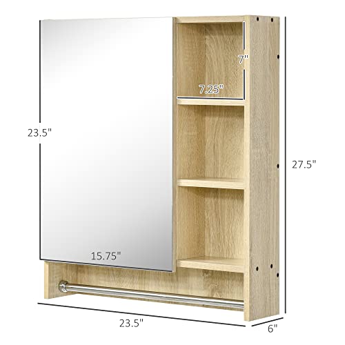 Kleankin 23.5" X 27.5" Wall-Mounted Bathroom Medicine Cabinet, Vanity Mirror With 3 Storage Shelves, Inside Adjustable Shelf, And Towel Rack, Natural #TOP2