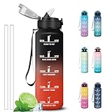 Grsta Gourde Sport 1 litre, Gourdes avec Paille, Verrou de Sécurité, Gourde Graduée pour 1 Journee, avec Marqueur de Temps, Anti Fuite Bouteille Motivation pour Voyages, Velo, Cyclisme