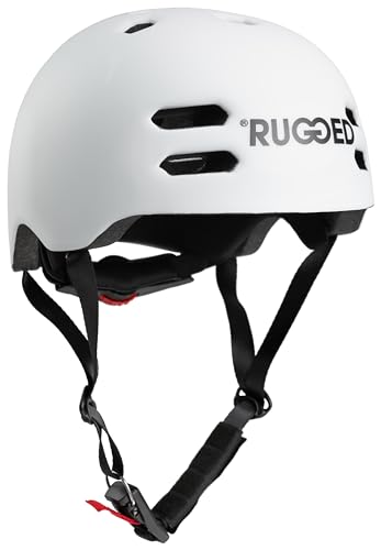 Rugged Leichter Inmold Helm I Grössenverstellbar I Magnetverschluss I belüftet für Stunt-Scooter I Skateboard I Inlineskates I Fahrrad I BMX I Dirt I E-Scooter (Weiß, M = (55-58cm)