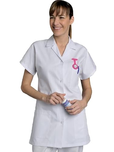 SNV Blouse médicale Femme Coloris Blanc en Coton Tunique Blanche Chimie Manches Courtes+ 3 Poches pour Une Utilisation médicale Professionnel Blouse médecin infirmière (L)