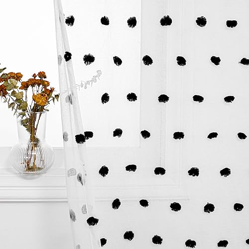 Image of MYSKY HOME Black Pom Pom Curtains for Kids Bedroom 63 Inch Long 2 Panels | Halloween Nursery Curtain, for Girls Room, Window White Sheer Curtain, Rod Pocket, Farmhouse Semi Window Drapes, 50 inch x 63 inch