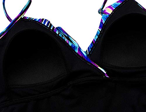 Hilor Women's Tankini Top Shirred Ruffled Swimsuits V Neck Swimwear Top Blue Pop Pattern 16 #TOP5